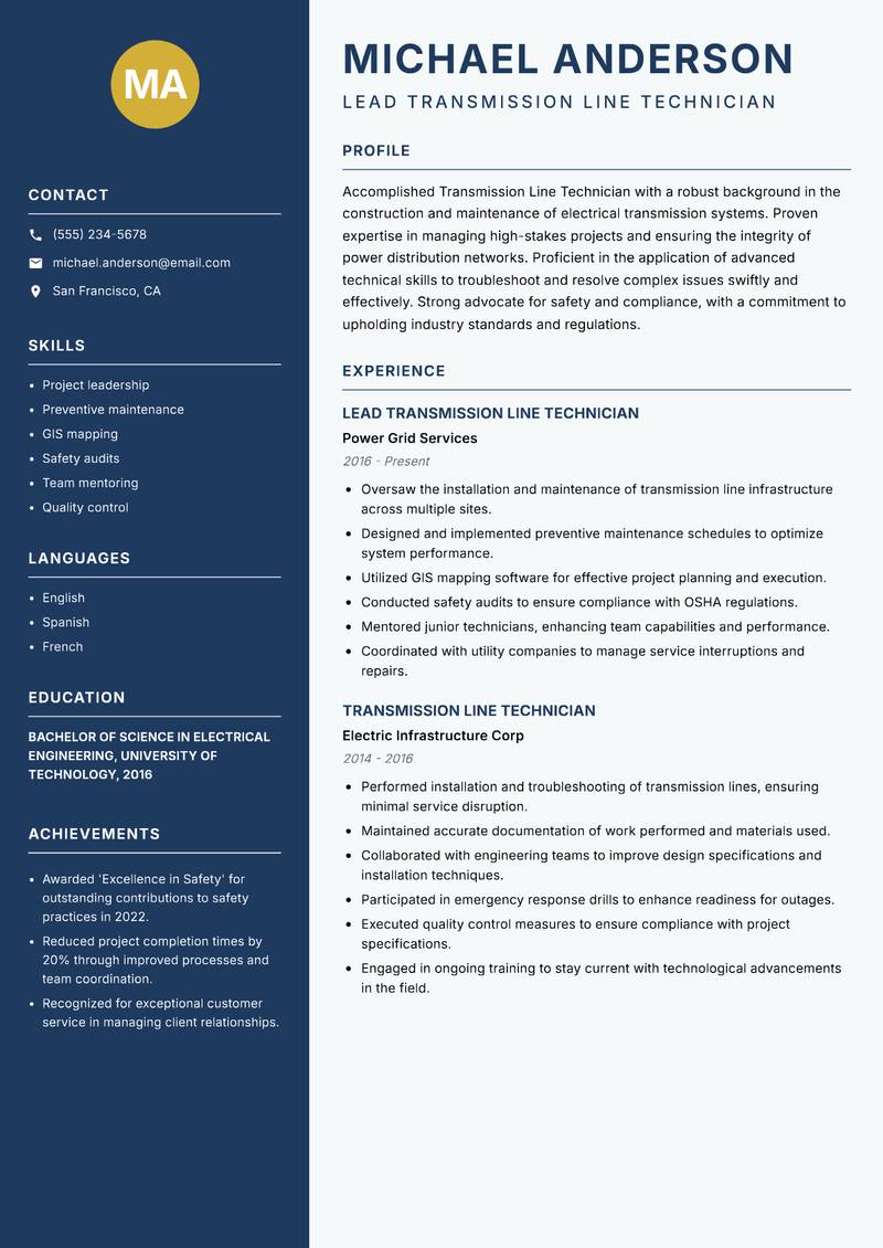 Transmission Line Technician Resume Preview Example