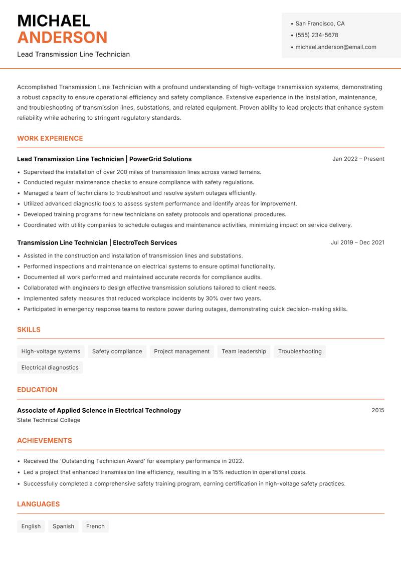 Transmission Line Technician Resume Template