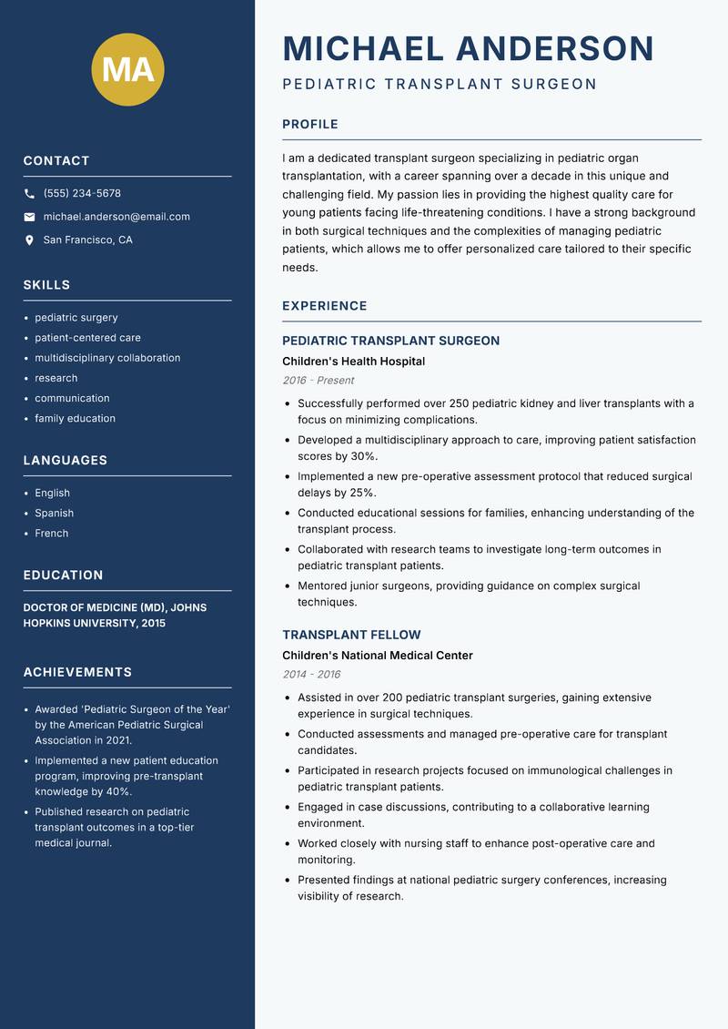 Transplant Surgeon Resume Preview Example