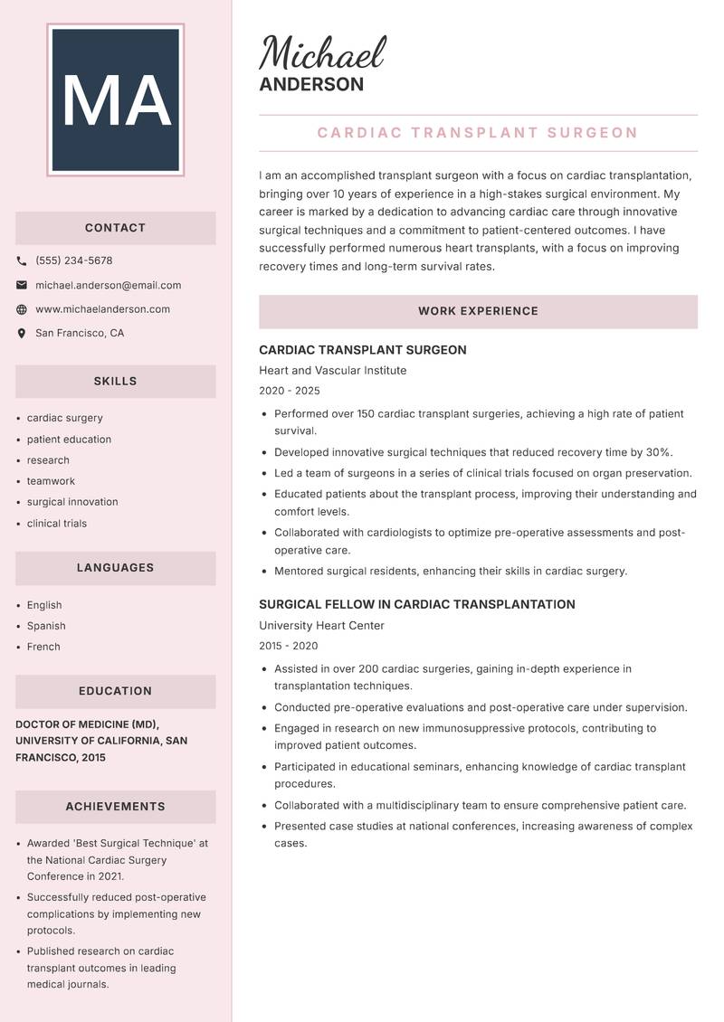 Transplant Surgeon Resume Preview Example