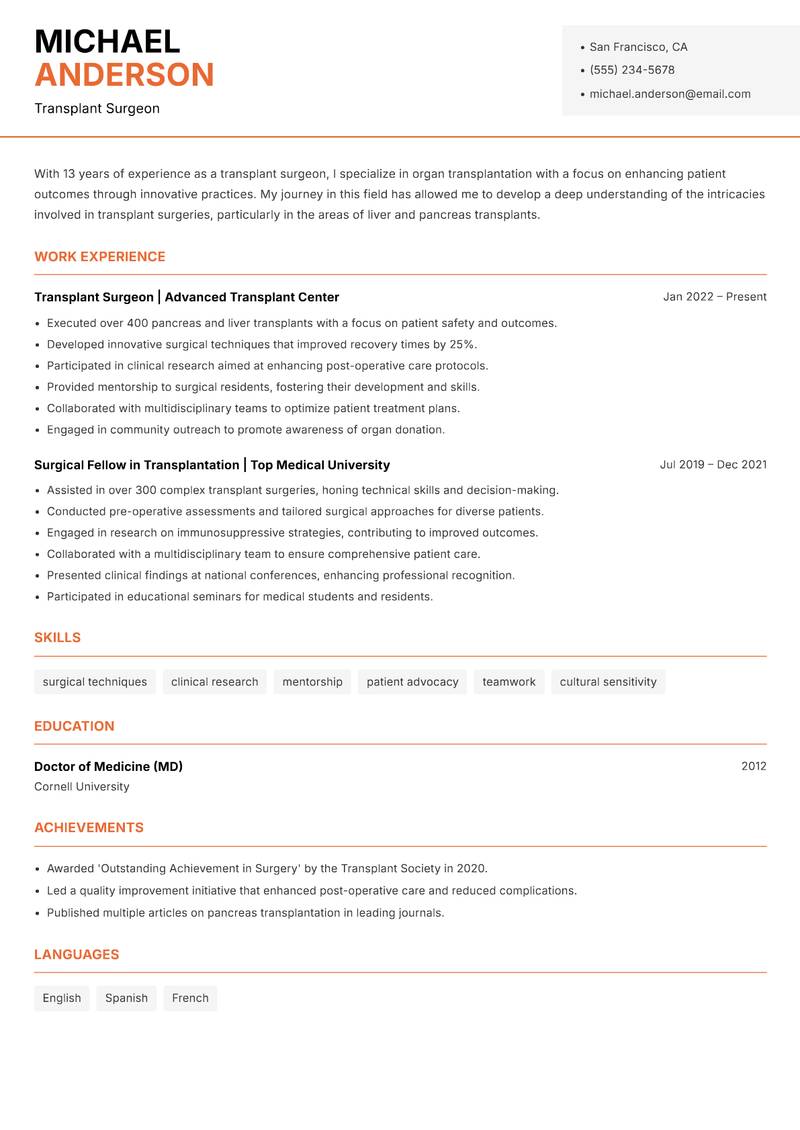 Transplant Surgeon Resume Template