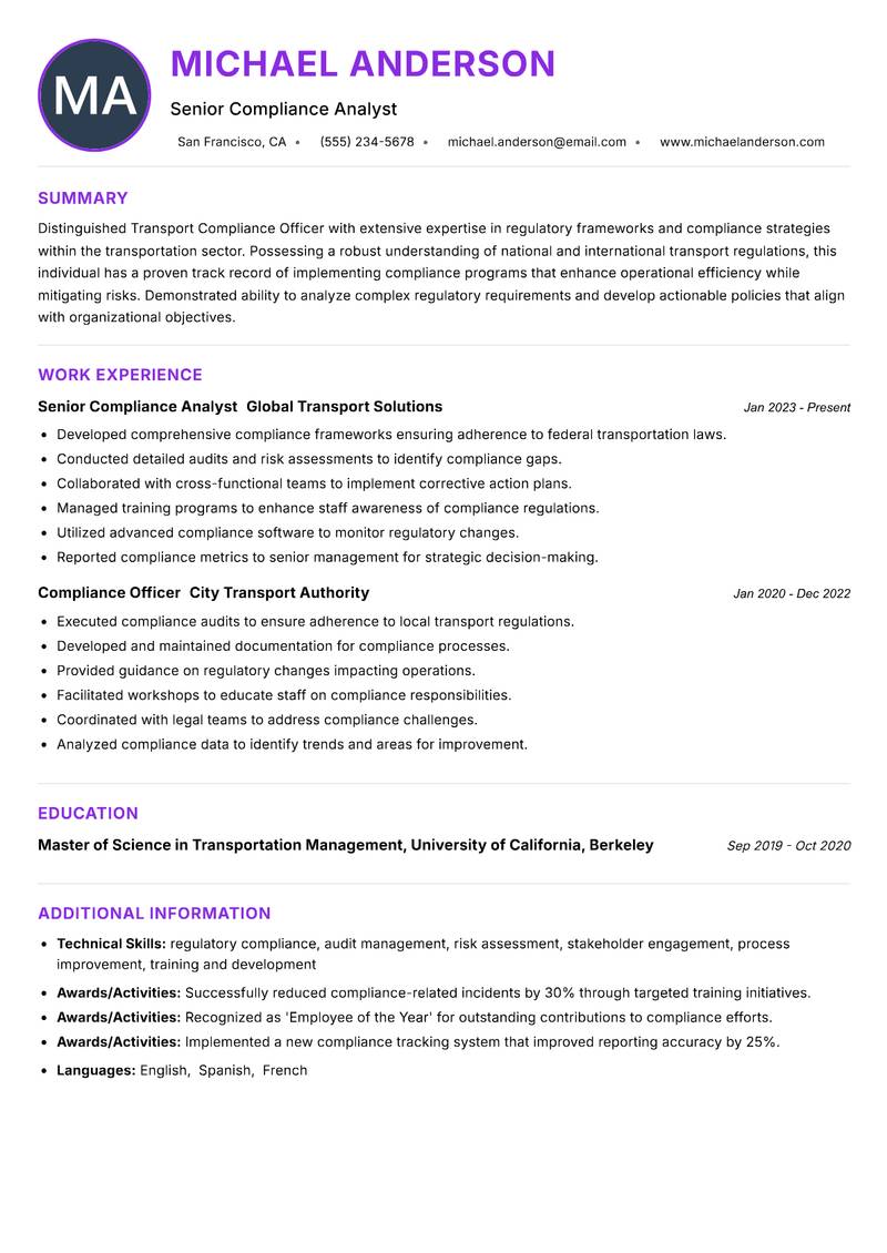 Transport Compliance Officer Resume Preview Example