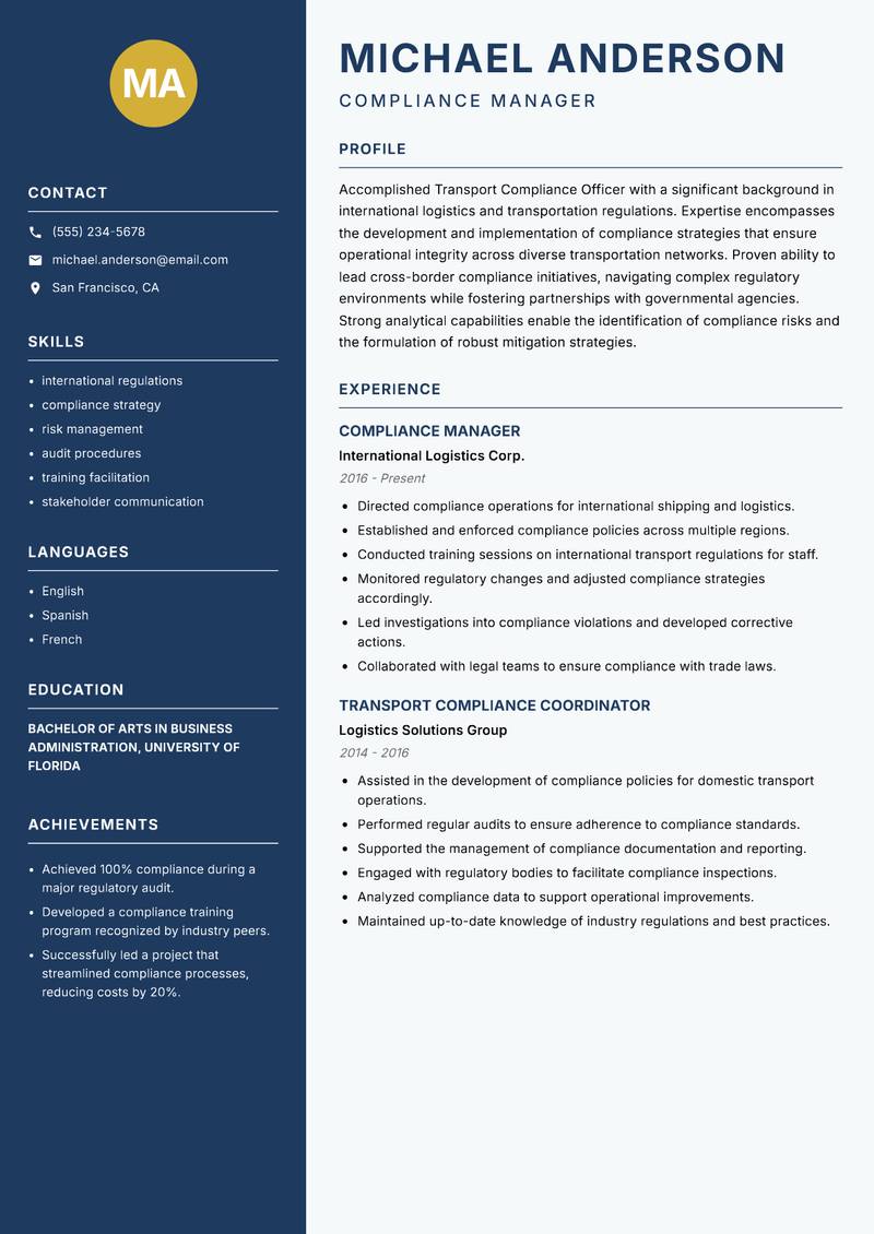 Transport Compliance Officer Resume Preview Example