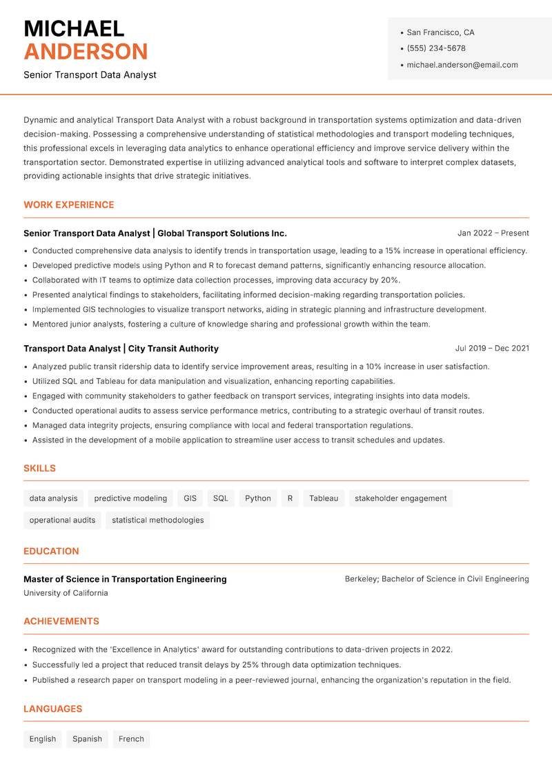 Transport Data Analyst Resume Template