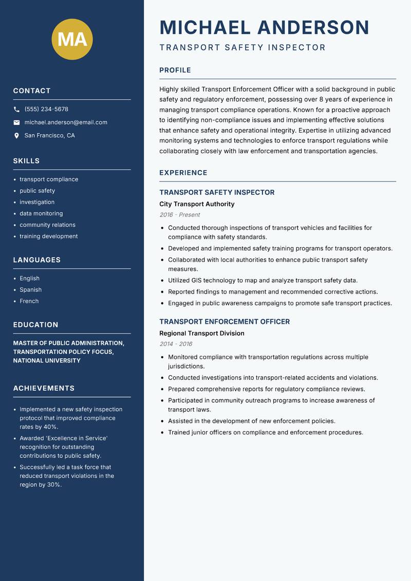 Transport Enforcement Officer Resume Preview Example