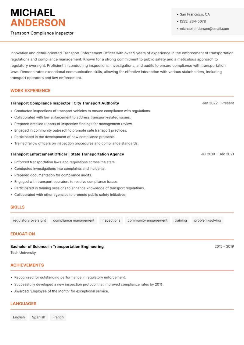 Transport Enforcement Officer Resume Template