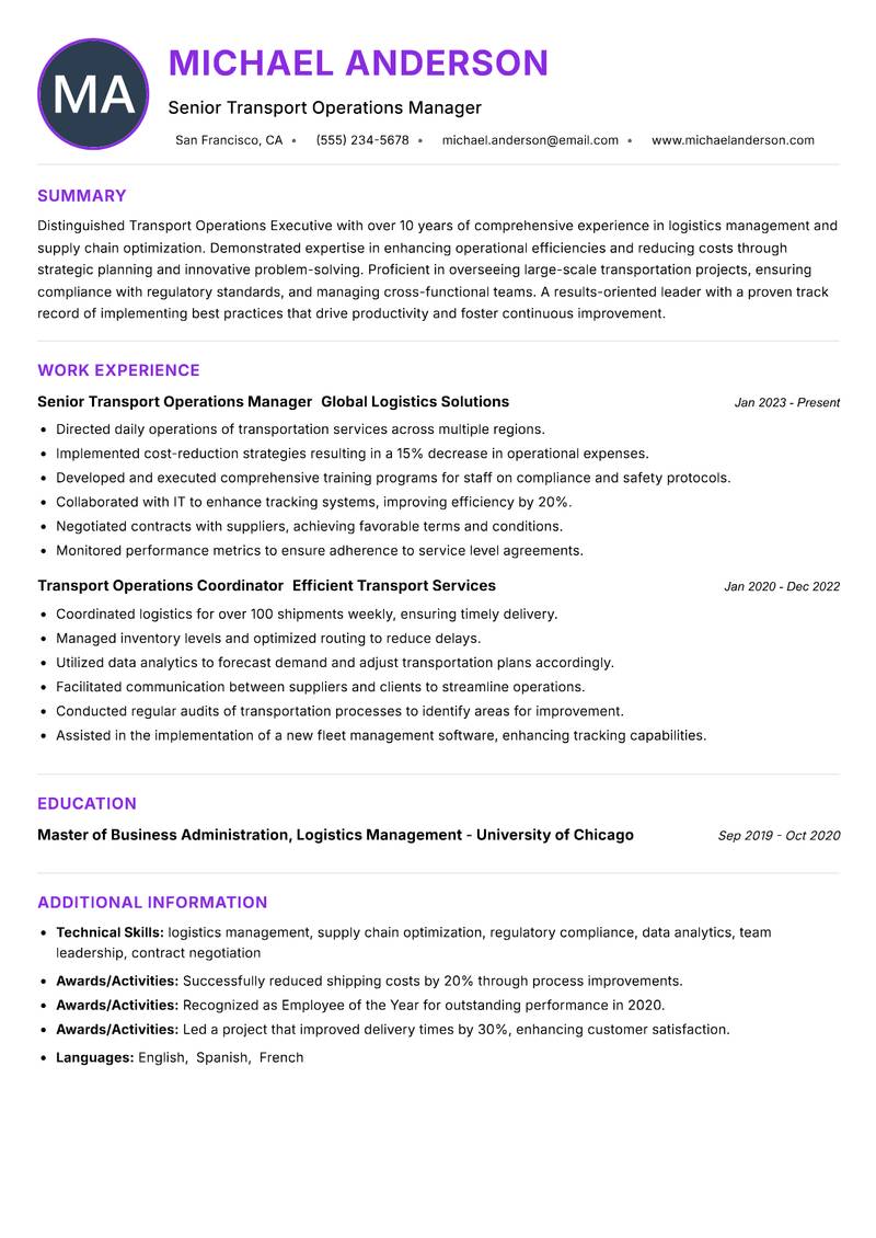 Transport Operations Executive Resume Preview Example