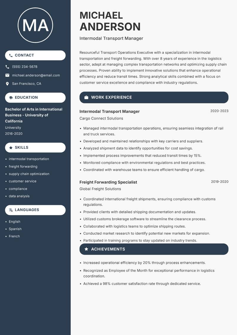 Transport Operations Executive Resume Preview Example