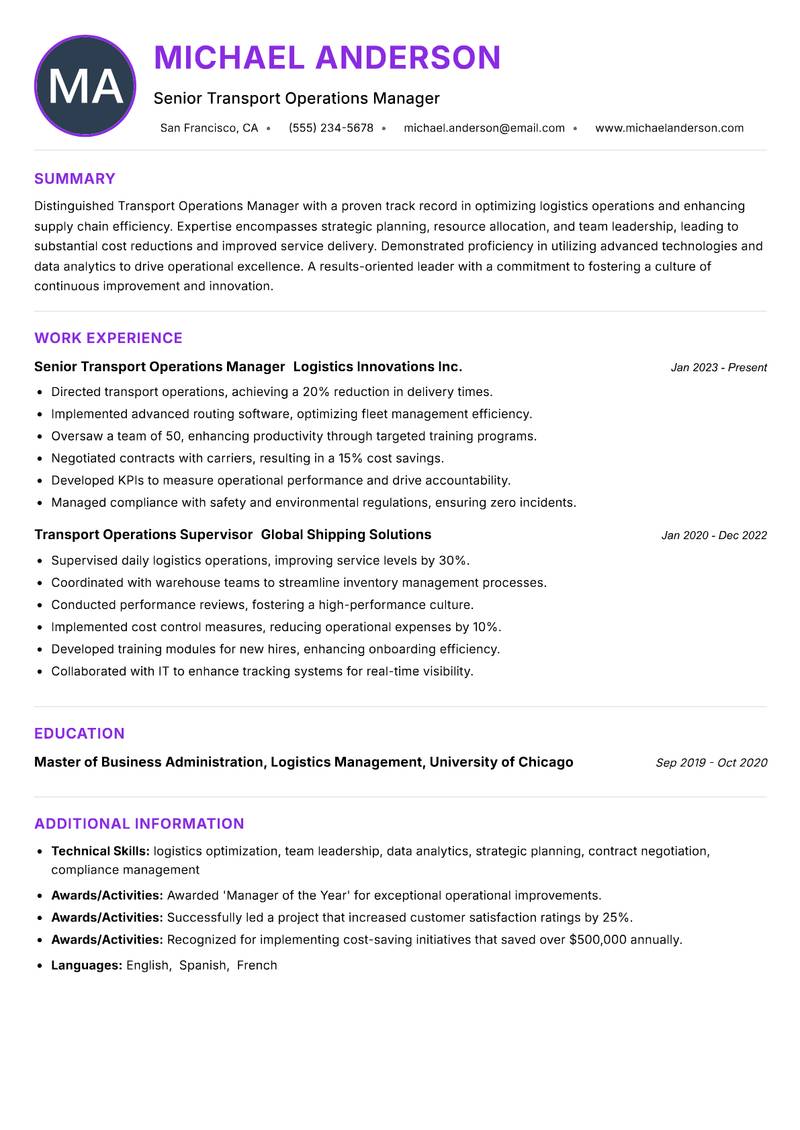 Transport Operations Manager Resume Preview Example