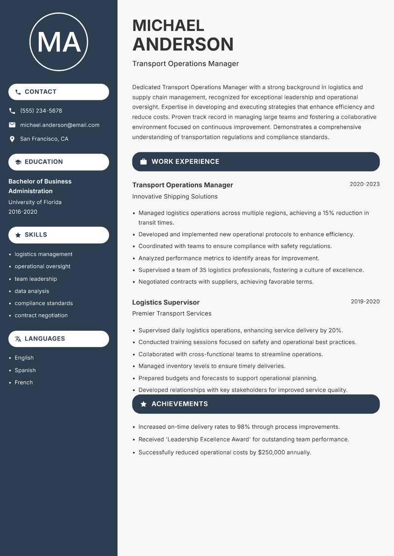Transport Operations Manager Resume Preview Example