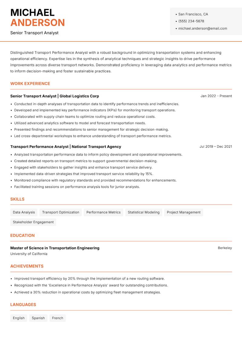 Transport Performance Analyst Resume Template