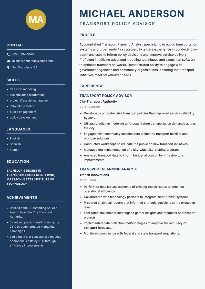Transport Planning Analyst Resume Preview Example