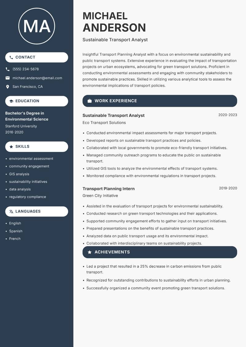 Transport Planning Analyst Resume Preview Example
