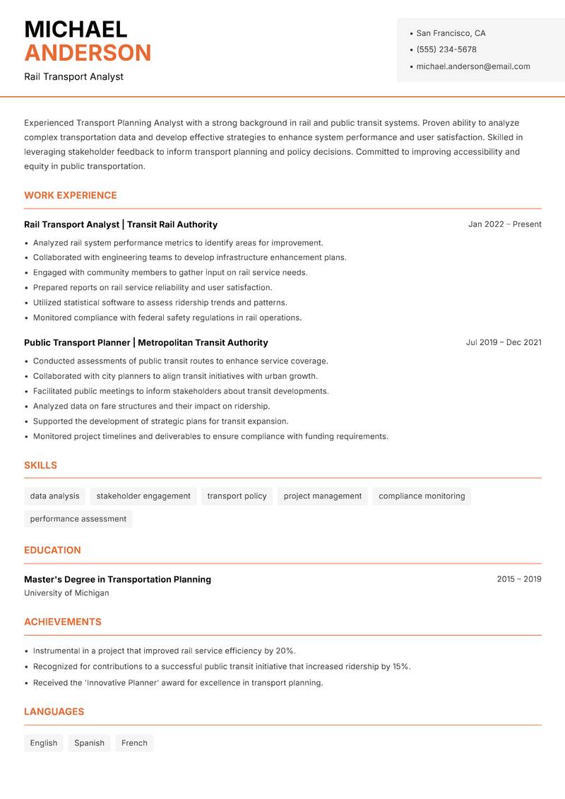 Transport Planning Analyst Resume Template