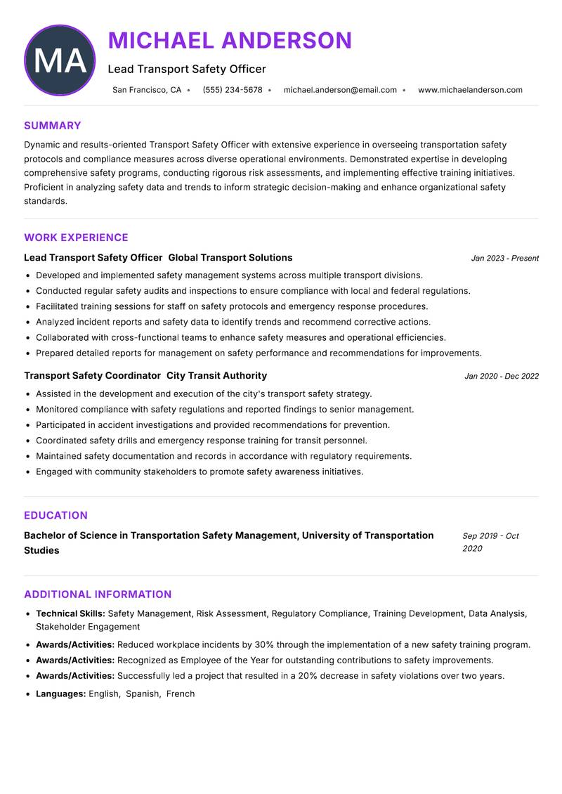 Transport Safety Officer Resume Preview Example