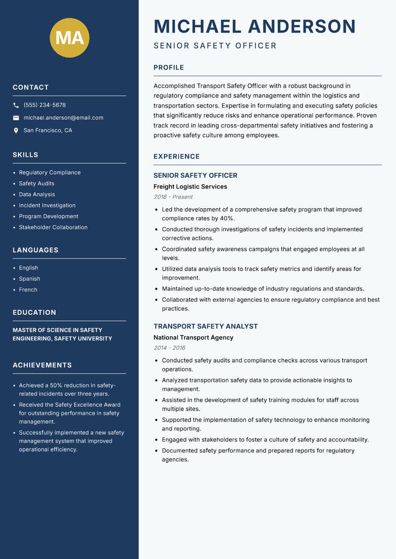 Transport Safety Officer Resume Preview Example