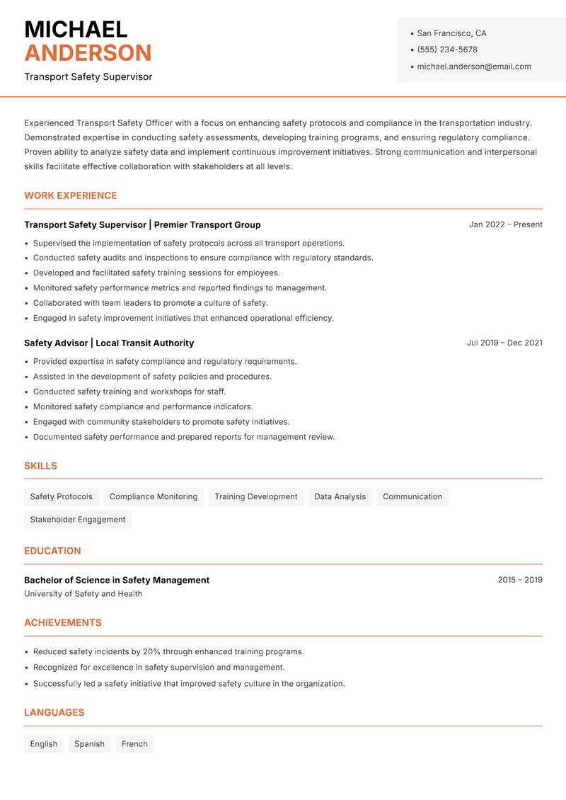 Transport Safety Officer Resume Template