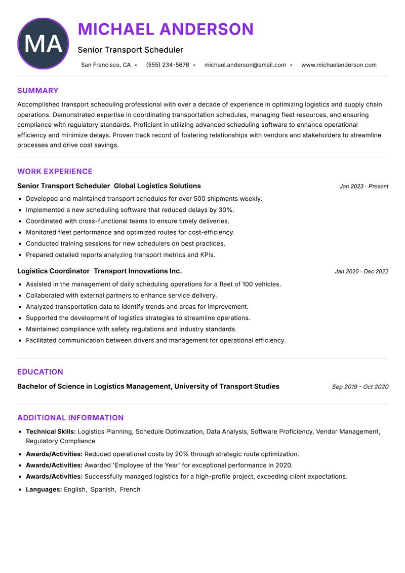 Transport Scheduler Resume Preview Example