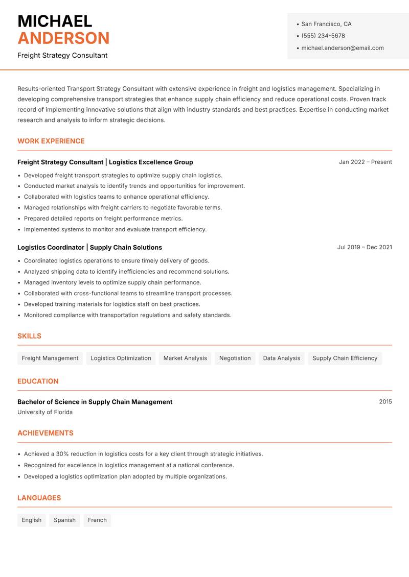 Transport Strategy Consultant Resume Template