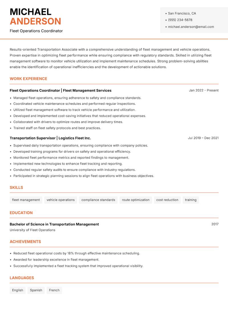 Transportation Associate Resume Template