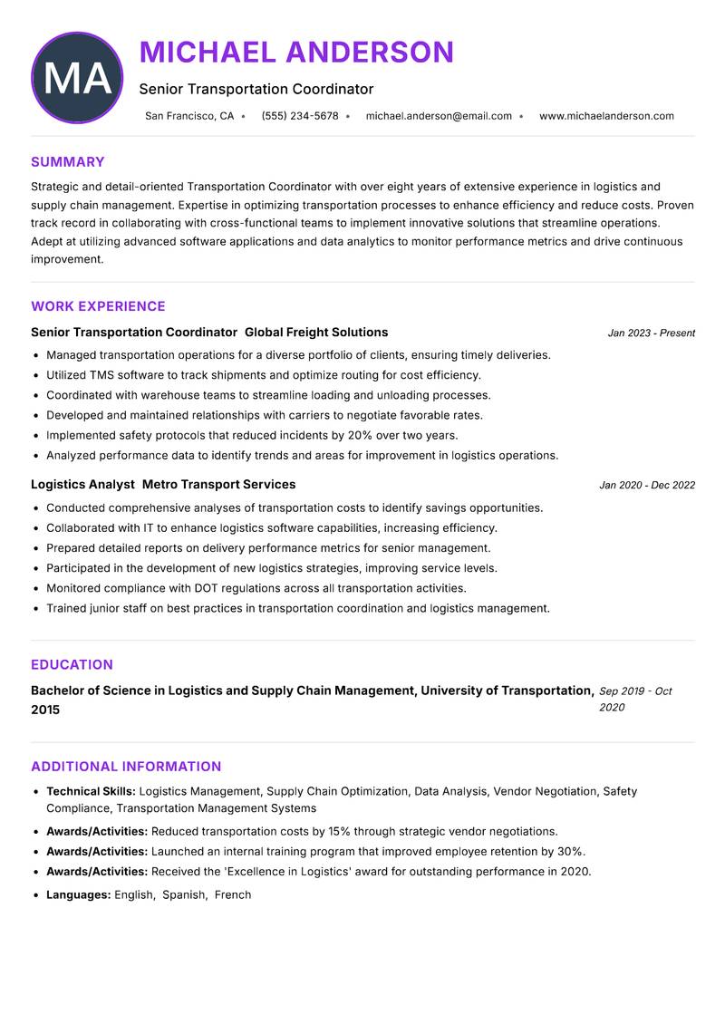 Transportation Coordinator Resume Preview Example