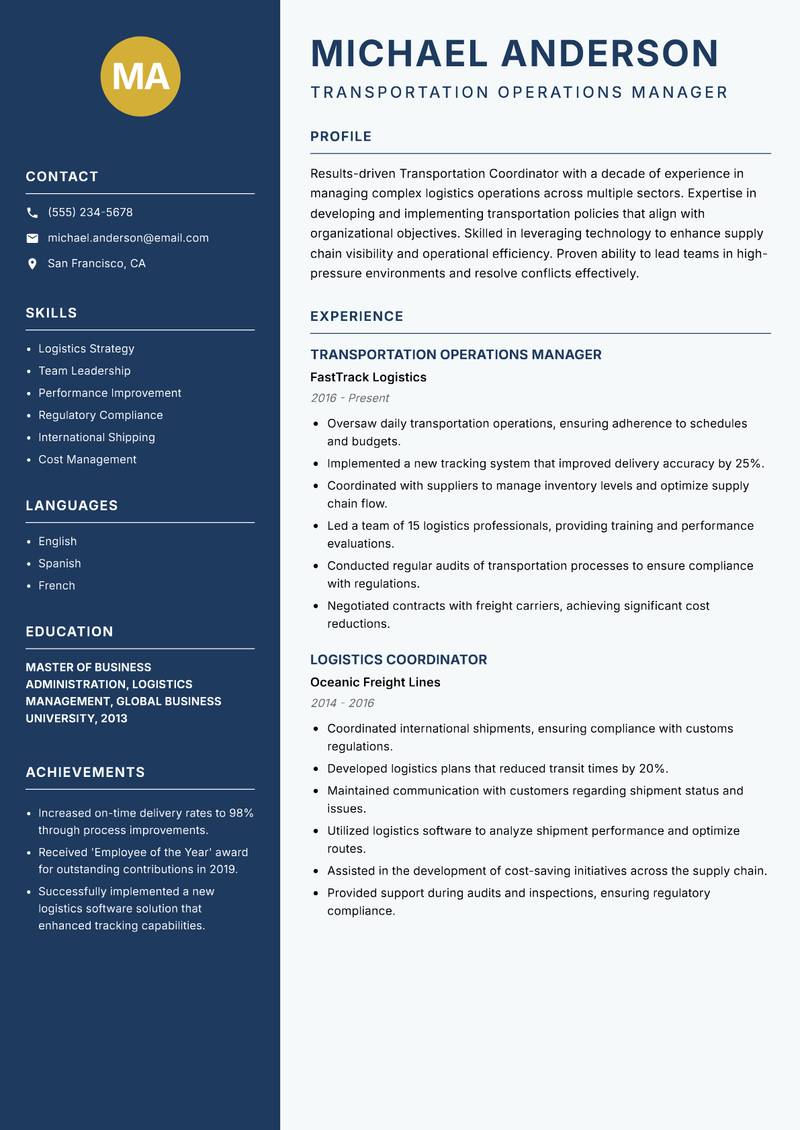 Transportation Coordinator Resume Preview Example