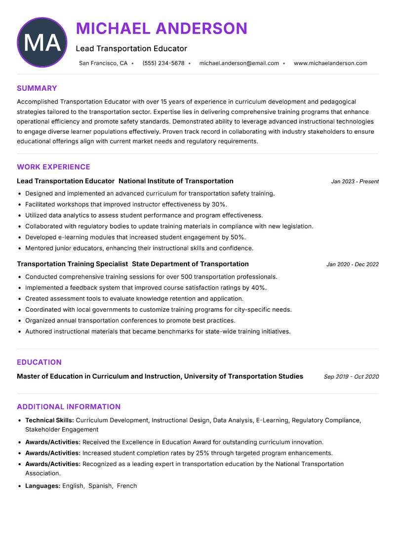 Transportation Educator Resume Preview Example