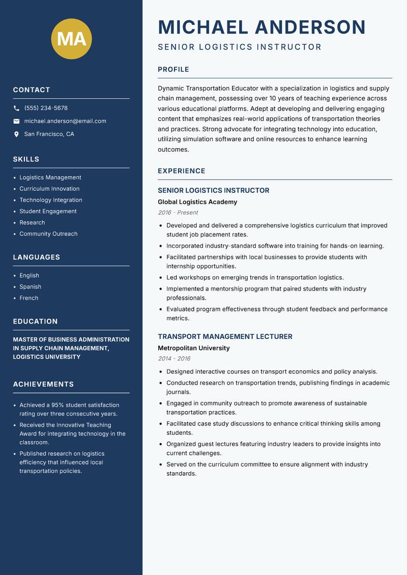 Transportation Educator Resume Preview Example