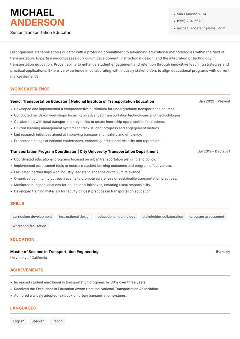 Transportation Educator Resume Template
