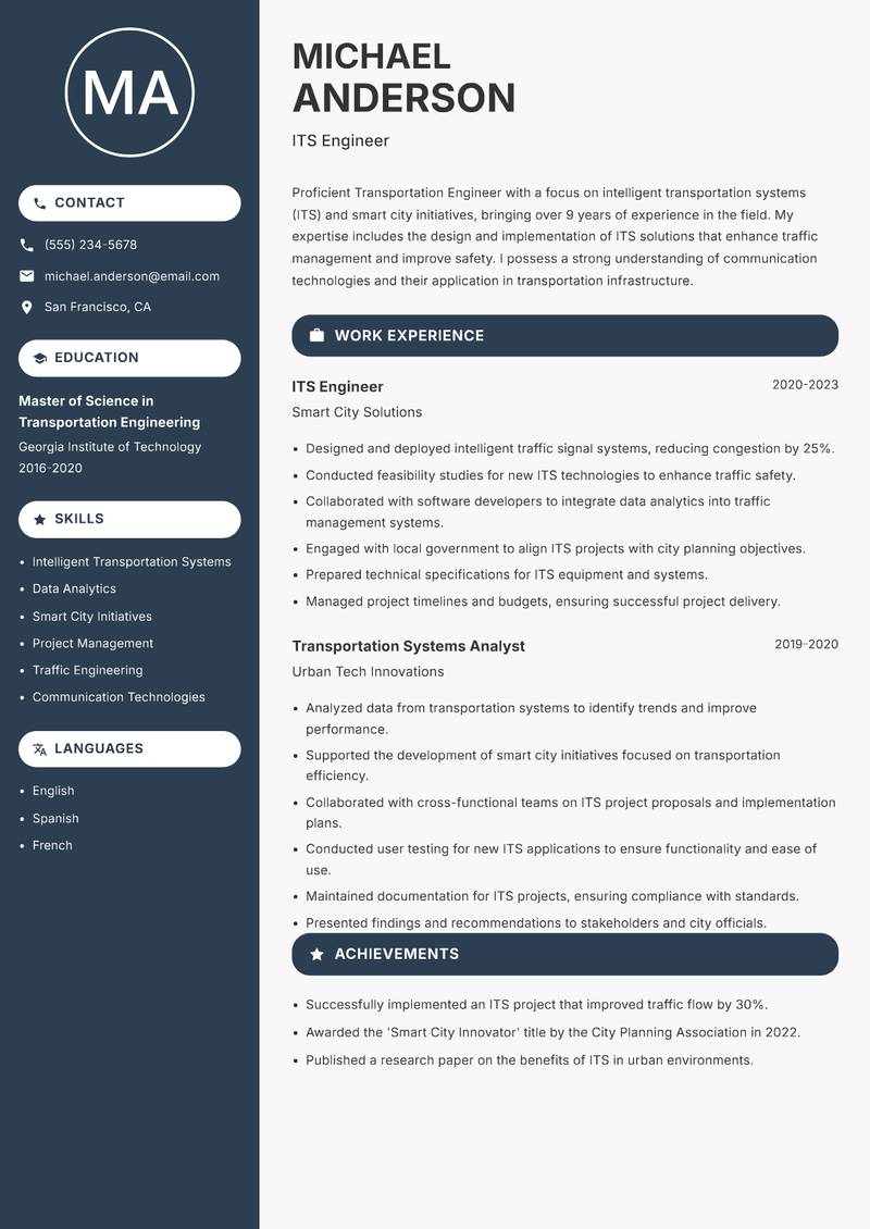 Transportation Engineer Resume Preview Example