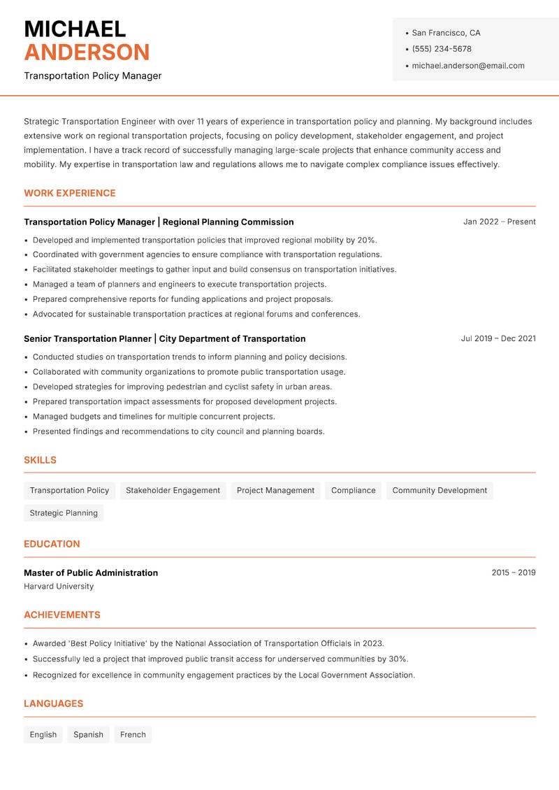 Transportation Engineer Resume Template