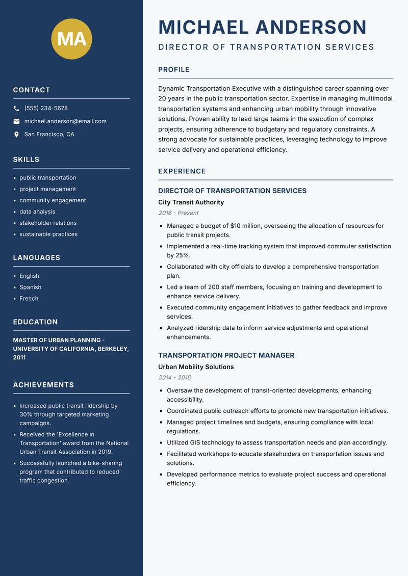 Transportation Executive Resume Preview Example