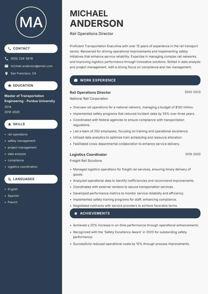 Transportation Executive Resume Preview Example