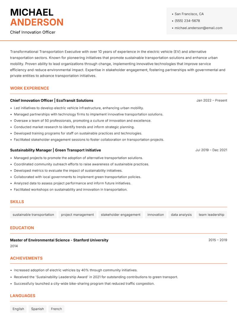 Transportation Executive Resume Template
