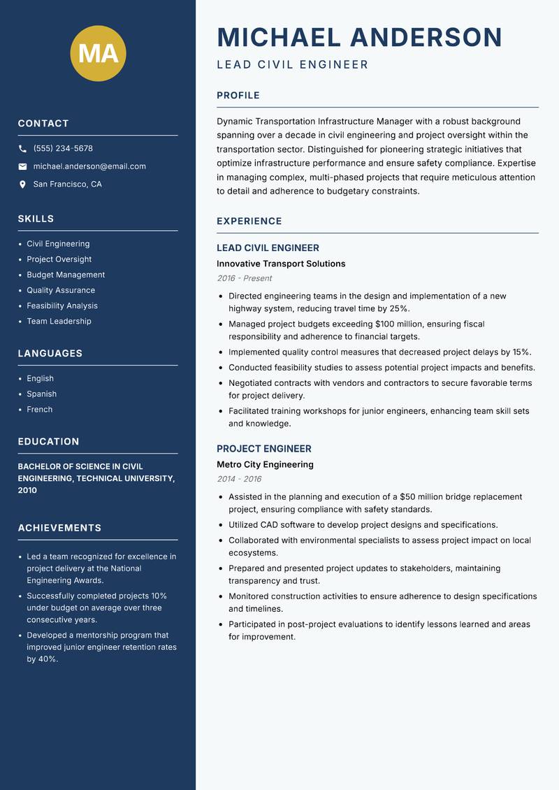Transportation Infrastructure Manager Resume Preview Example