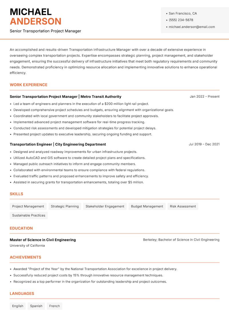 Transportation Infrastructure Manager Resume Template