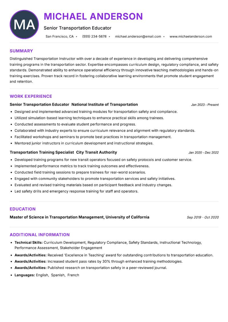 Transportation Instructor Resume Preview Example