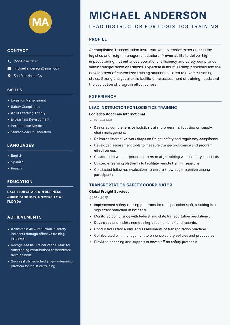 Transportation Instructor Resume Preview Example