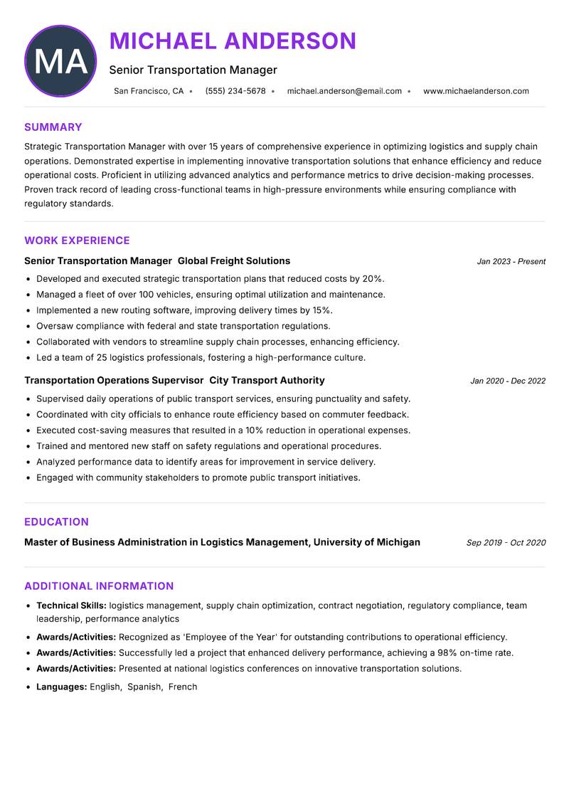 Transportation Manager Resume Preview Example
