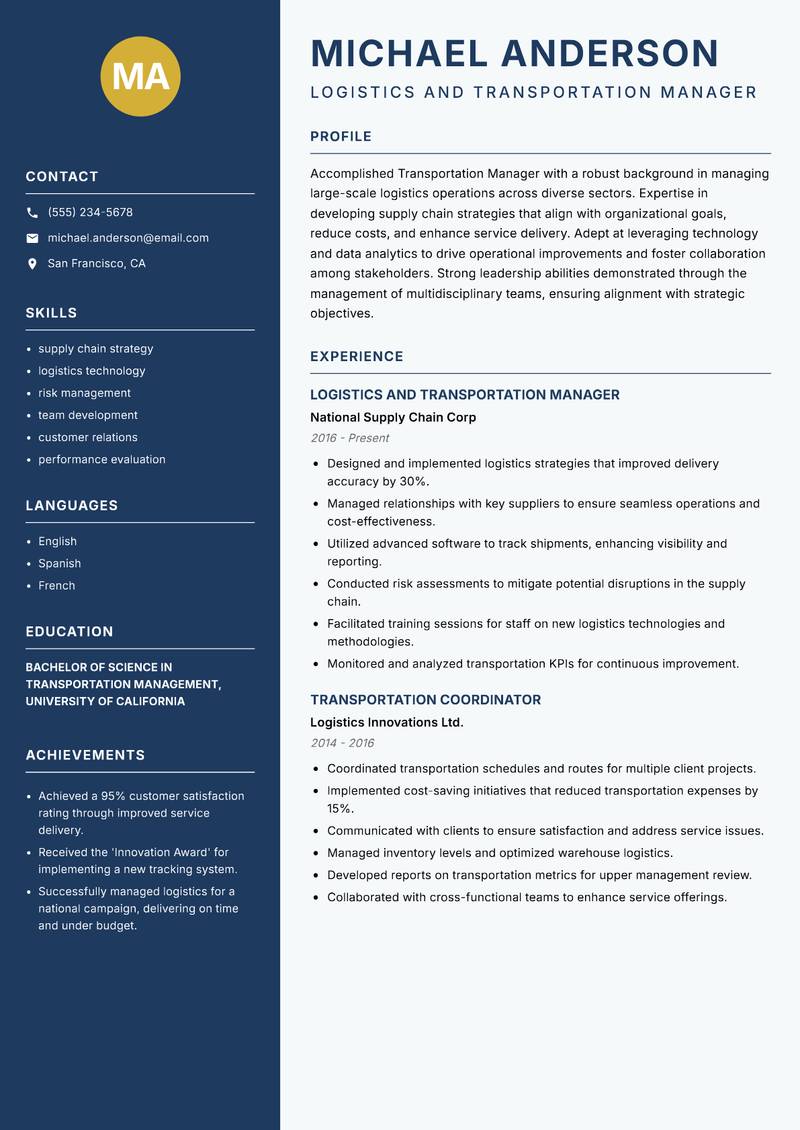 Transportation Manager Resume Preview Example