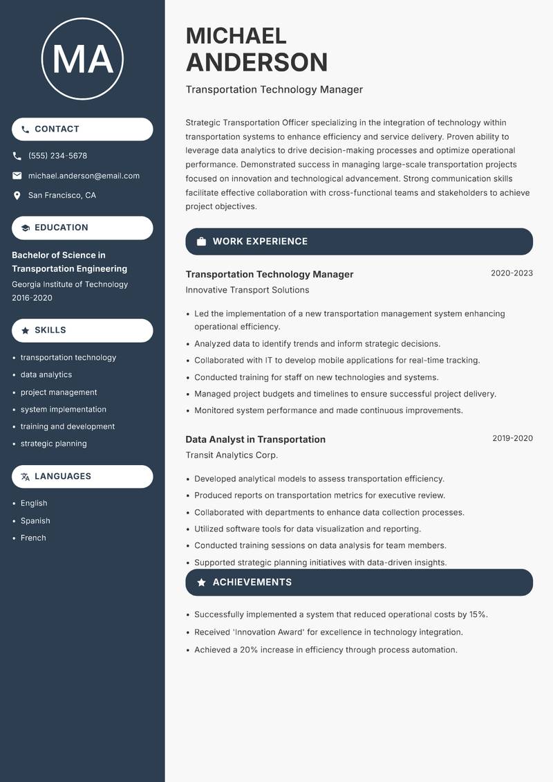 Transportation Officer Resume Preview Example