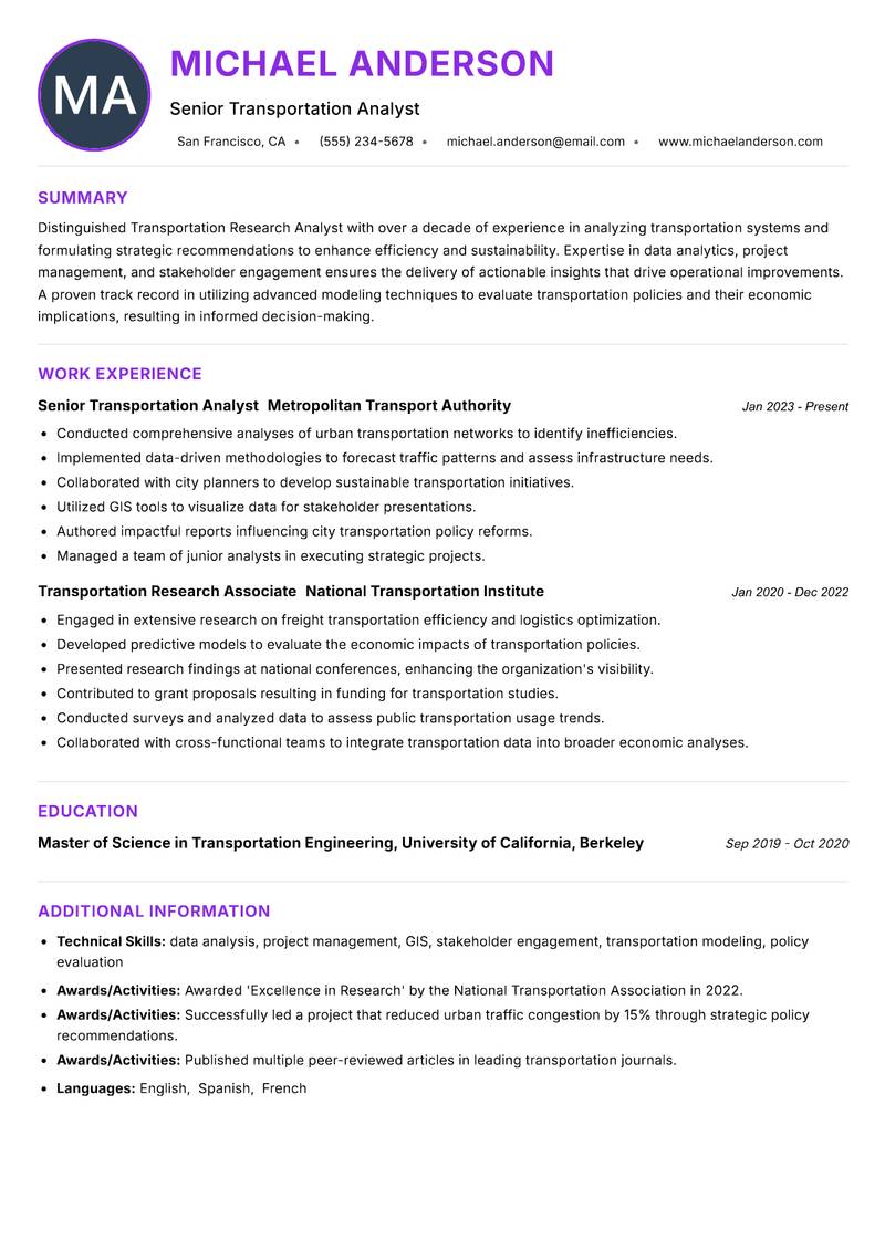 Transportation Research Analyst Resume Preview Example