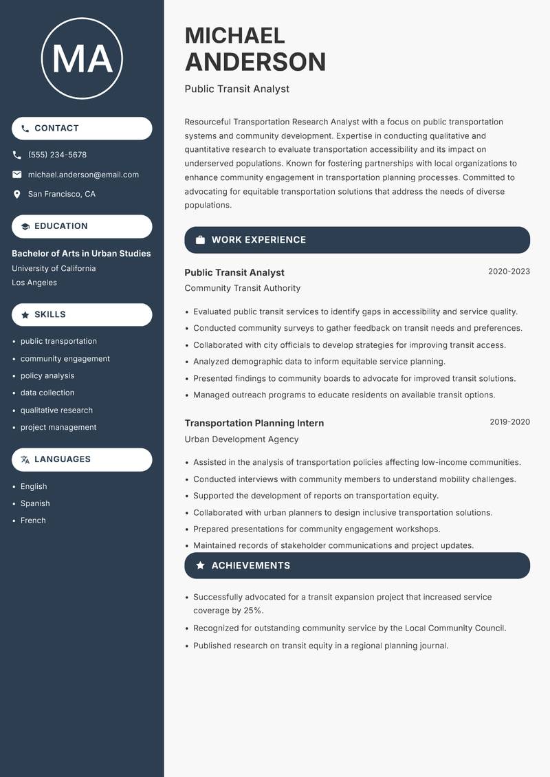 Transportation Research Analyst Resume Preview Example