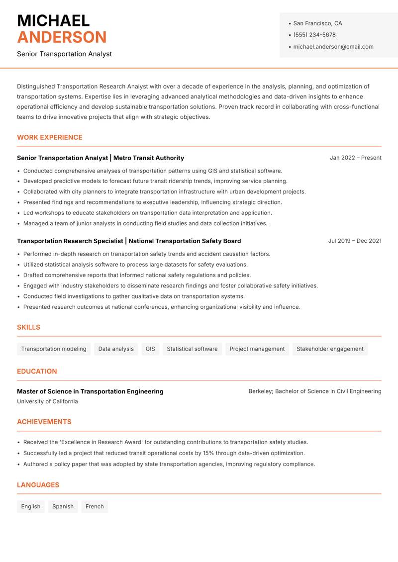 Transportation Research Analyst Resume Template