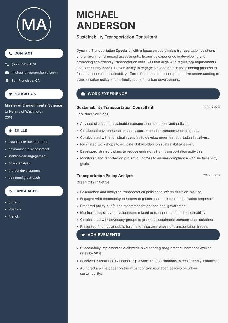 Transportation Specialist Resume Preview Example