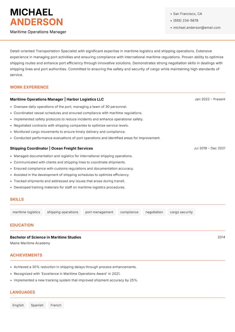 Transportation Specialist Resume Template
