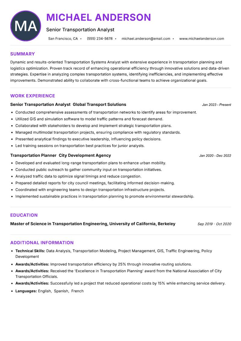 Transportation Systems Analyst Resume Preview Example