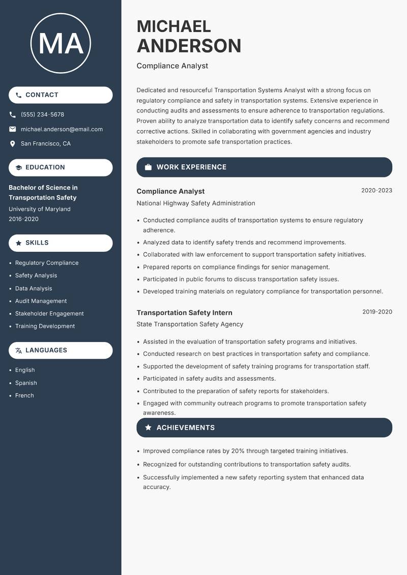 Transportation Systems Analyst Resume Preview Example