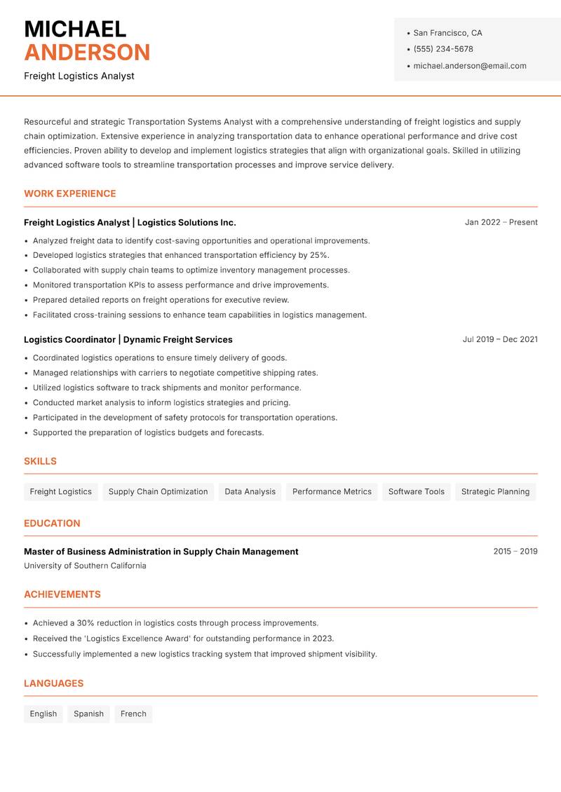 Transportation Systems Analyst Resume Template