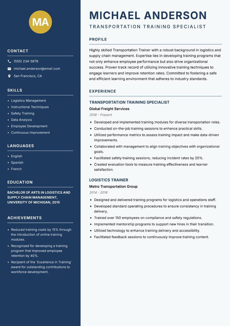 Transportation Trainer Resume Preview Example